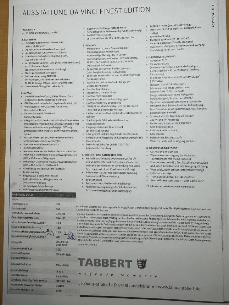 Grundriss Tag Tabbert Da Vinci 540 E 2,3 Finest Edition Garagengepflegt, Top - Zustand